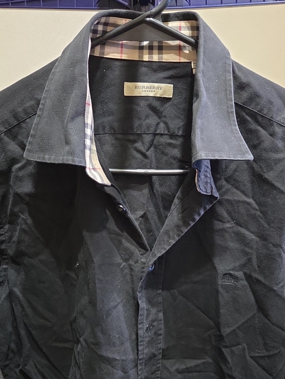 Burberry Black Button-Down Shirt with Nova Check Collar Accent